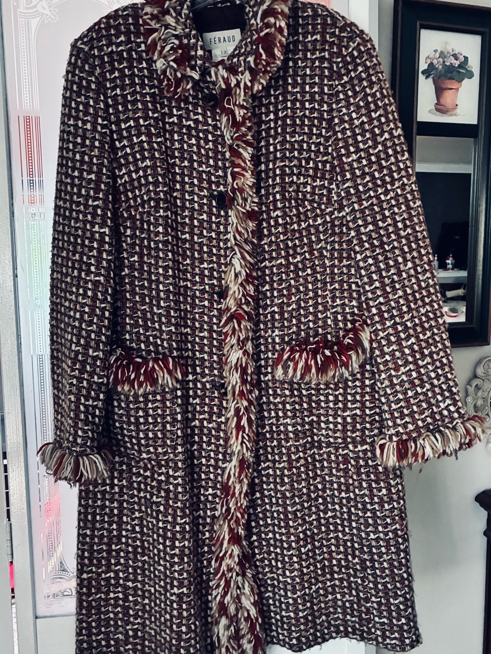 Brown Tweed Fringe-Trim Long Trench Coat